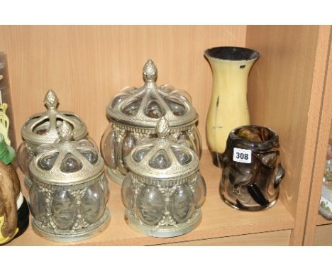 A WHITEFRIARS TYPE SQUAT CIRCULAR VASE, together with a Caithness glass vase, chipped and four decorative glass and metal jar