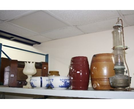 A VINTAGE WOODEN CASED G MARCONI RADIO, chamber pots, stoneware spirit barrels, paraffin lamp, etc (10)