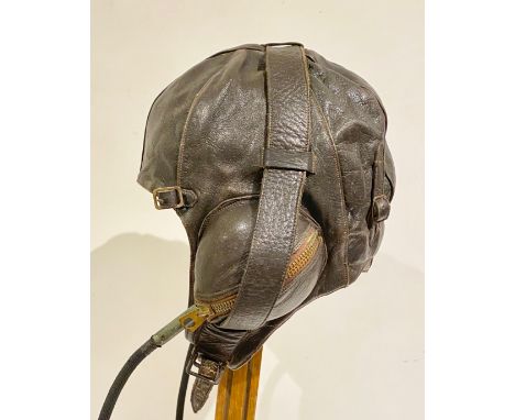 WW2 Australian B Type Flying Helmetdark brown, chrome leather, multi panel helmet.  Zip earphone covers.  Brown leather strap