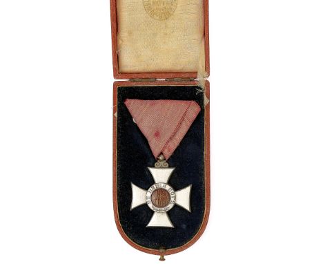 Bulgaria. Order of Saint Alexander 5th Class, Knight, cased breast badgeA good white enamel cross on red triangular ribbon; h