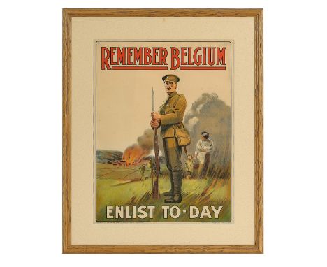WW1 “Remember Belgium” 1915 Parliamentary Recruiting Poster No. 19This dramatic poster depicts to the centre a British “Tommy