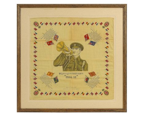 WW1 British Patriotic “Fall In”Large Printed Cotton Sheet.A scarce example cream cotton with colour printing. To the centre a