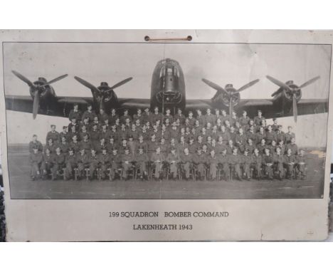 WW2 1943 199 Squadron Bomber Command Photographprinted on card, Squadron photo at Lakenheath 1943. Some edge damage. Together