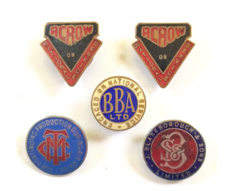 WW2 Home Front Factory On National Service Lapel Badges.A scarce selection comprising: 2 x “ACROW” .... BBA Ltd. ... “CMT” “F