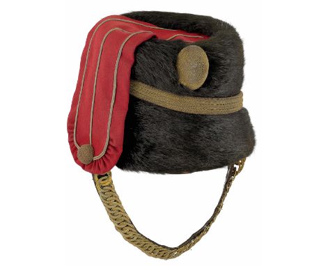 British Hussar Regiment Officer’s Edwardian Busby. A fine quality Officer’s fur busby. Crimson bag with three lines of gold f