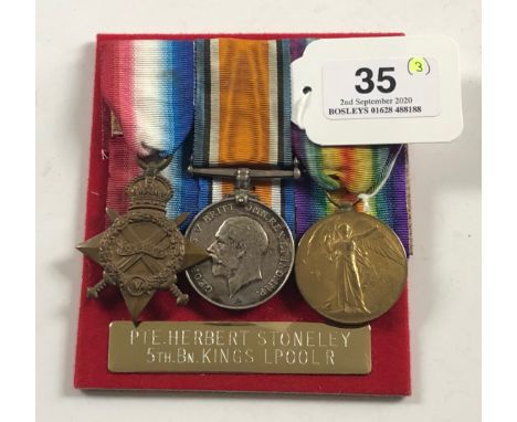 WW1 King’s Liverpool Regiment 1914/15 Star Group of Three Medals.Awarded to “3010 PTE H. STONELEY L’POOL R”. Comprising: 1914