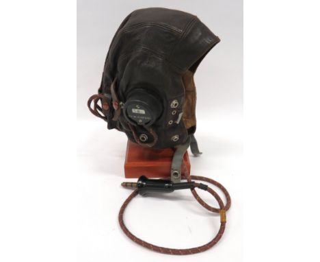 WW2 RAF Late C Type Flying Helmet and Wiringbrown chrome leather, multi panel helmet.  Leather goggle straps.  Elastic chinst