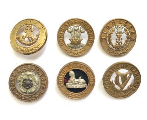 6 post 1881 helmet plate centres.Durham Light Infantry (4 loops) ... North Stafford (3 loops) ... Middlesex (3 loops) ... Yor