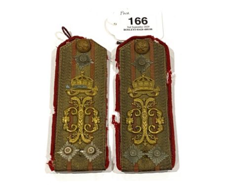 Bulgaria Ferdinand I Artillery Officer’s pair of shoulder straps circa 1908-18.A scarce pair of Colonel’s red backed silver l