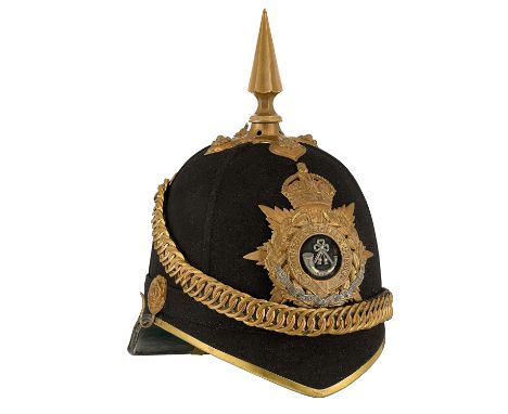 Durham Light Infantry Officer’s helmet circa 1901-14.A good example of the Home Service pattern blue cloth helmet by J.J. Jon