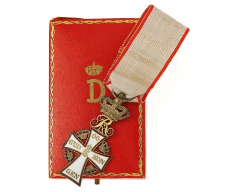 Denmark. Order of the Dannebrog cased breast badge.A fine Fredrick IX (1947-72) silver gilt and enamel example on its red edg
