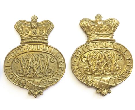 Grenadier Guards 2 x Victorian valise badgesVictorian die-stamped brass example with central strap loop marked with broad arr