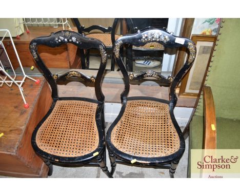 A pair of Victorian mother of pearl inlaid cane seat bedroom chairs 