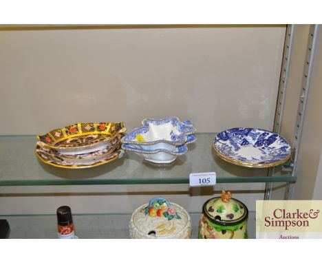 A pair of Copeland &amp; Garrett leaf shaped pickle dishes; two blue and white Crown Derby saucers and three other items of R