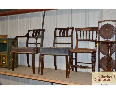 A Victorian elm cane seated bobbin back bedroom chair; and two Georgian mahogany dining chairs (one elbow)