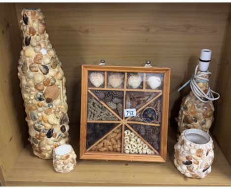 A selection of shell encrusted bottles etc including pine cabinet of sea shells &amp; German beer stein