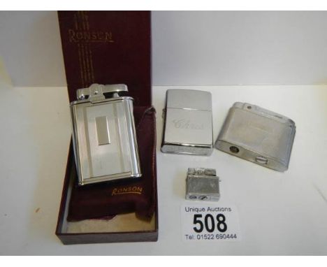 Four vintage cigarette lighters including Zippo, Ronson and a miniature example.