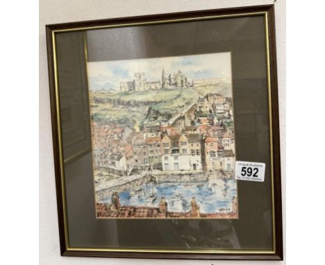 A framed &amp; glazed print of a watercolour of Abbey Ruins overlooking Whitby
