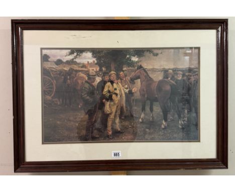 A framed and glazed print featuring horse trading.