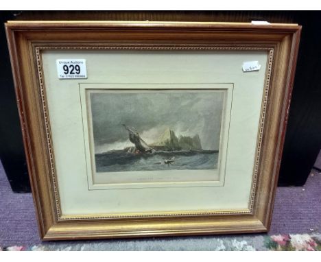 A gilt framed glazed etching Gibraltar from the sea (Drawn from nature by Lieutenant H.E Allen)