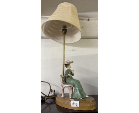 A vintage ceramic table lamp of a seated lady