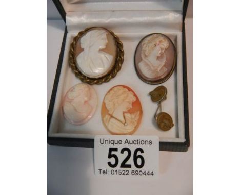 Two cameo brooches, two un-mounted cameos and one other item.