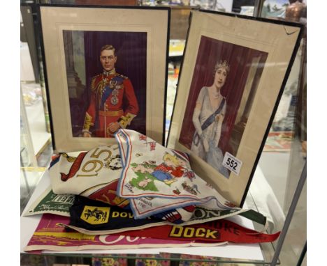 2 Framed pictures of The Queen Mother &amp; King George, A handkerchief by Mabel Lucie Atwell. Coronation scarf A/F &amp; 4 b