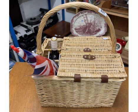 A picnic hamper with contents &amp; a bottle of alcohol free merlot wine