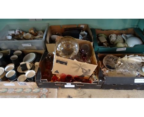 Seven boxes containing a large quantity of ceramics and glass, to include: a Poole Pottery coffee set, cranberry coloured dri