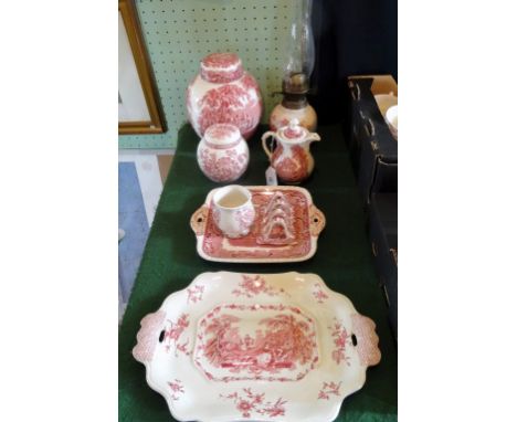 Eight items of red and white transfer printed ceramics by Masons, to include: oil lamp, large ginger jar, rectangular twin ha