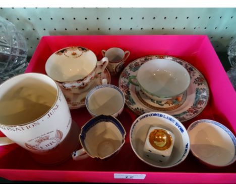 A mixed quantity of ceramics, to include: a 1953 coronation presentation tankard, a Paragon teacup and saucer, blue and white