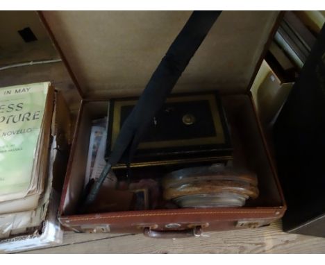 A small leather travelling case, containing assorted items, to include: metal deeds box, a parasol with ebonised handle, a ma