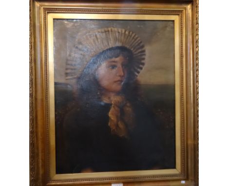 Early 20th century English school, head and shoulders portrait of a seated lady in a bonnet, oil on canvas (51cm x 41cm) in a