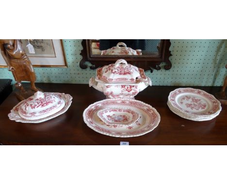 A Mason's part-dinner service in the red Manchu pattern, to include: rectangular twin handled tureen and ladle, vegetable tur