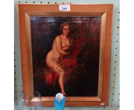 Early 20th century English school, a female nude amongst trees and foliage, over painted print, (38cm x 24cm) in a gilt frame