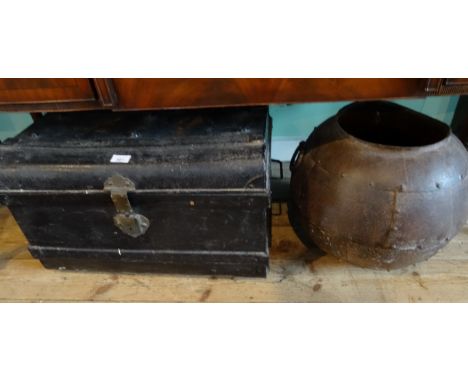An early 20th century tin trunk (59cm wide), together with a cauldron-style spherical planter.