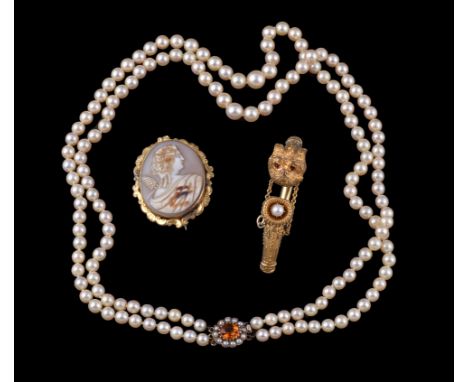  A double strand cultured pearl necklace,   the two strands of graduating cultured pearls to the clasp set with an oval cut c