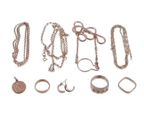 *** A small collection of gold coloured jewellery, to include: a 9 carats gold pierced ring, finger size V; a 9 carat gold ba