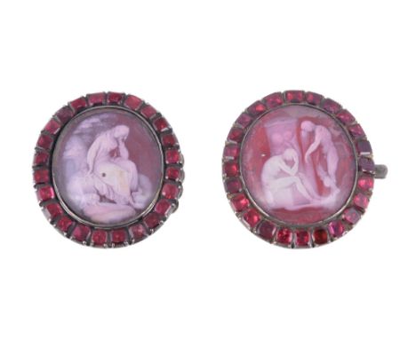 A mid 19th century garnet set oval reverse ruby glass intaglio bracelet clasp,   circa 1830,  of Achilles mourning the death