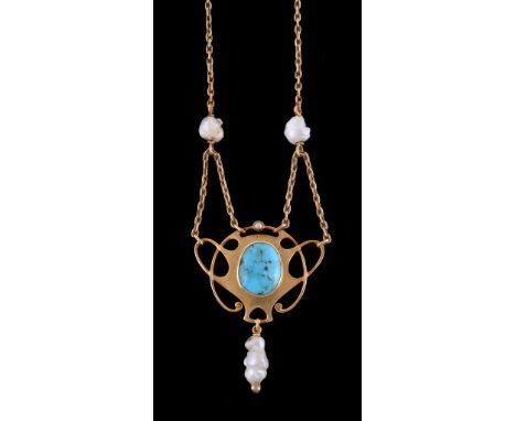  An Art Nouveau turquoise and pearl pendant by Murrle Bennett  &  Co.,   circa 1900,  the central turquoise within a whiplash