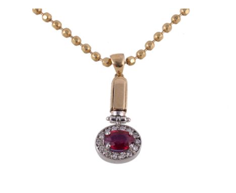  A sapphire, ruby and diamond pendant,   the oval pendant set with an oval cut sapphire and an oval cut ruby, each within a s