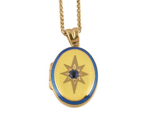  An 18 carat gold enamel and sapphire locket pendant,   the oval locket set with a circular cut sapphire within a yellow guil