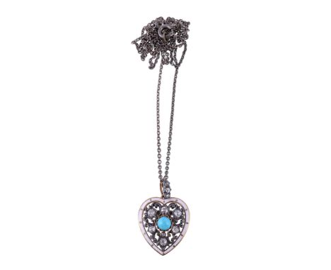  A late Victorian diamond and turquoise heart pendant,   the circa 1890, the pierced heart shaped panel set with old brillian