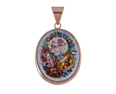  A late Victorian micro mosaic and portrait miniature pendant,   the oval pendant  with a micro mosaic roses and forget me no