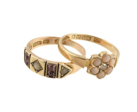 Ω A late Victorian 18 carat gold coral and diamond ring, the central old cut diamond within a surround of circular cabochon c