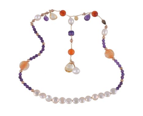  A freshwater cultured pearl and multi gem set necklace,   the central drop set set with a facetted citrine drop and freshwat