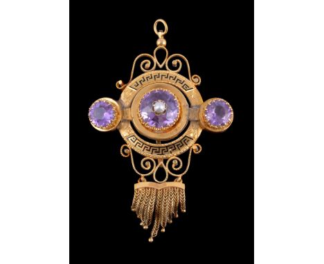  An amethyst brooch/pendant,   the central circular cut amethyst set with a half pearl, within a raised setting above a circu