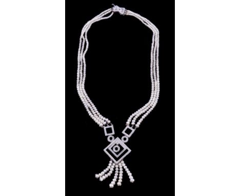  A freshwater cultured pearl and diamond necklace,   the central openwork square panels set with eight cut diamonds, suspendi