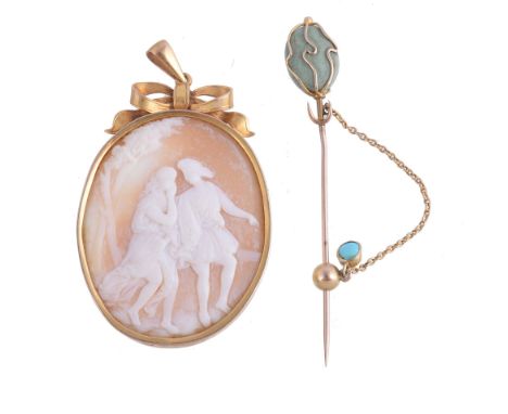  A late Victorian shell cameo pendant,   circa 1900, the oval shell panel carved with a romancing couple, within a polished g
