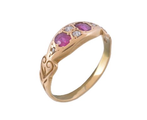  An early 20th century ruby and diamond ring,   the two oval cut rubies with old cut diamonds in between, finger size L  